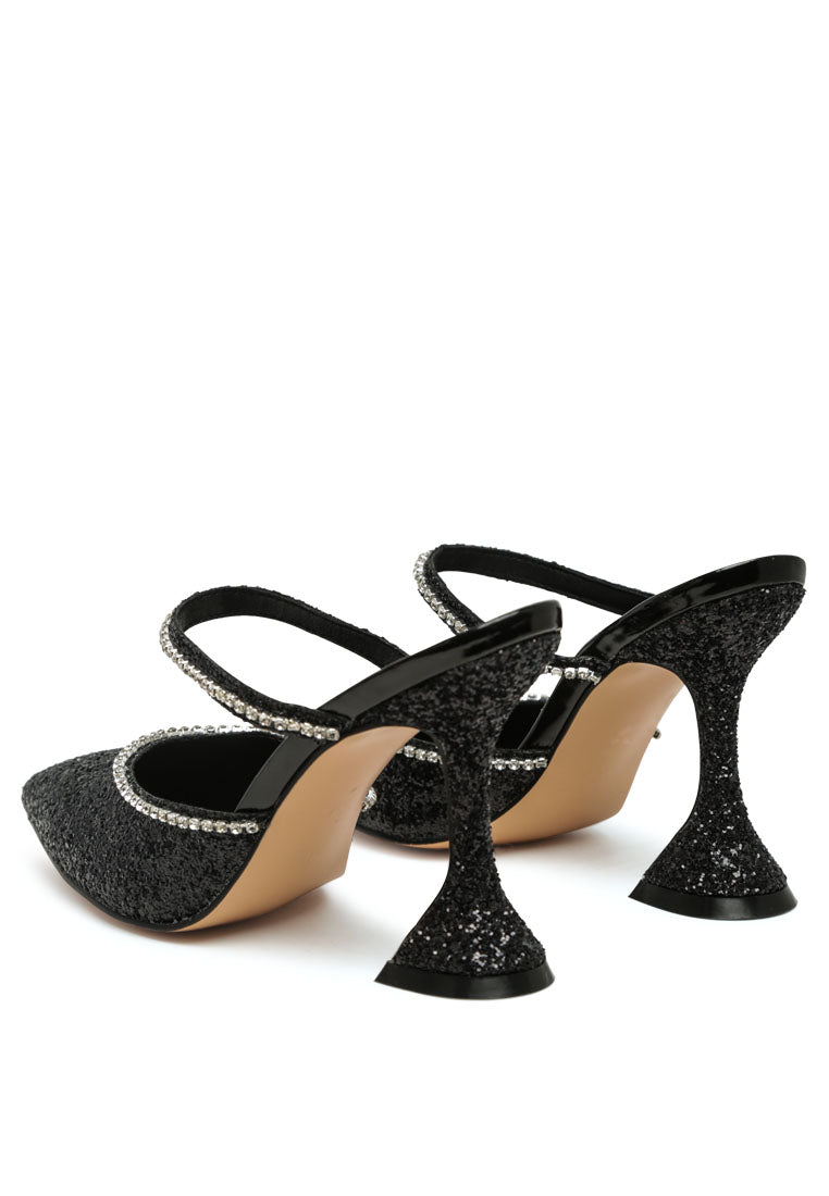 Iris Glitter Diamante Spool Heeled Sandals featuring glitter upper, diamante embellishments, and spool heels, perfect for parties and weddings.