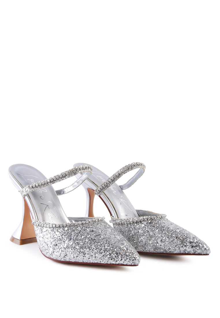 Iris Glitter Diamante Spool Heeled Sandals featuring glitter upper, diamante embellishments, and spool heels, perfect for parties and weddings.