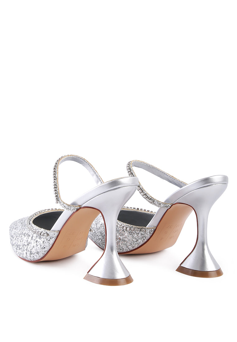 Iris Glitter Diamante Spool Heeled Sandals featuring glitter upper, diamante embellishments, and spool heels, perfect for parties and weddings.