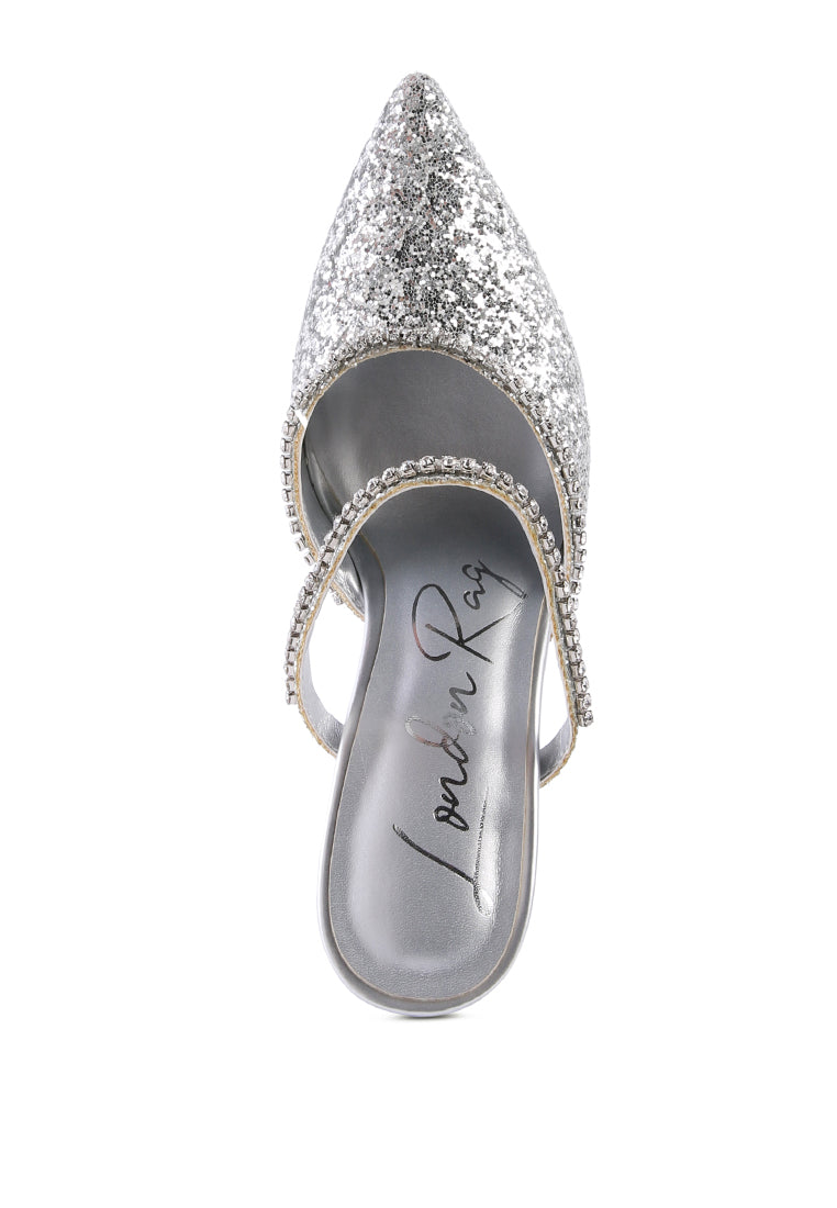 Iris Glitter Diamante Spool Heeled Sandals featuring glitter upper, diamante embellishments, and spool heels, perfect for parties and weddings.