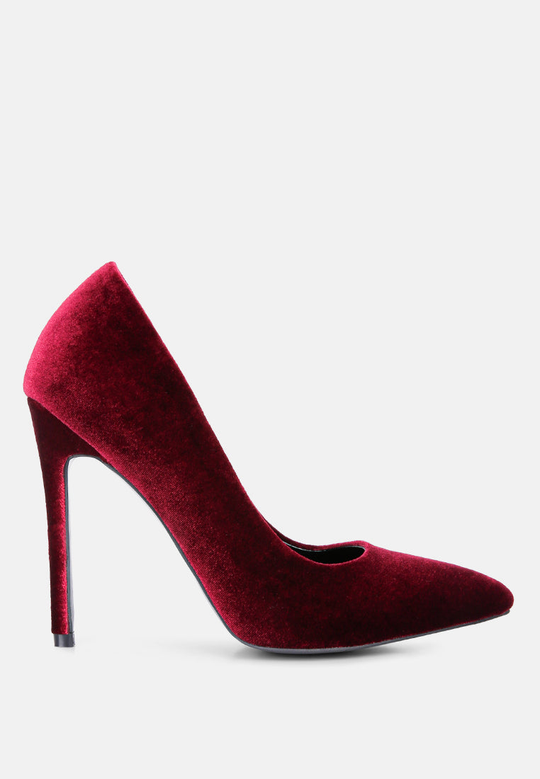 Elegant Janessa Velvet Stiletto Heel Pumps with a luxurious velvet finish and closed pointed toe design.