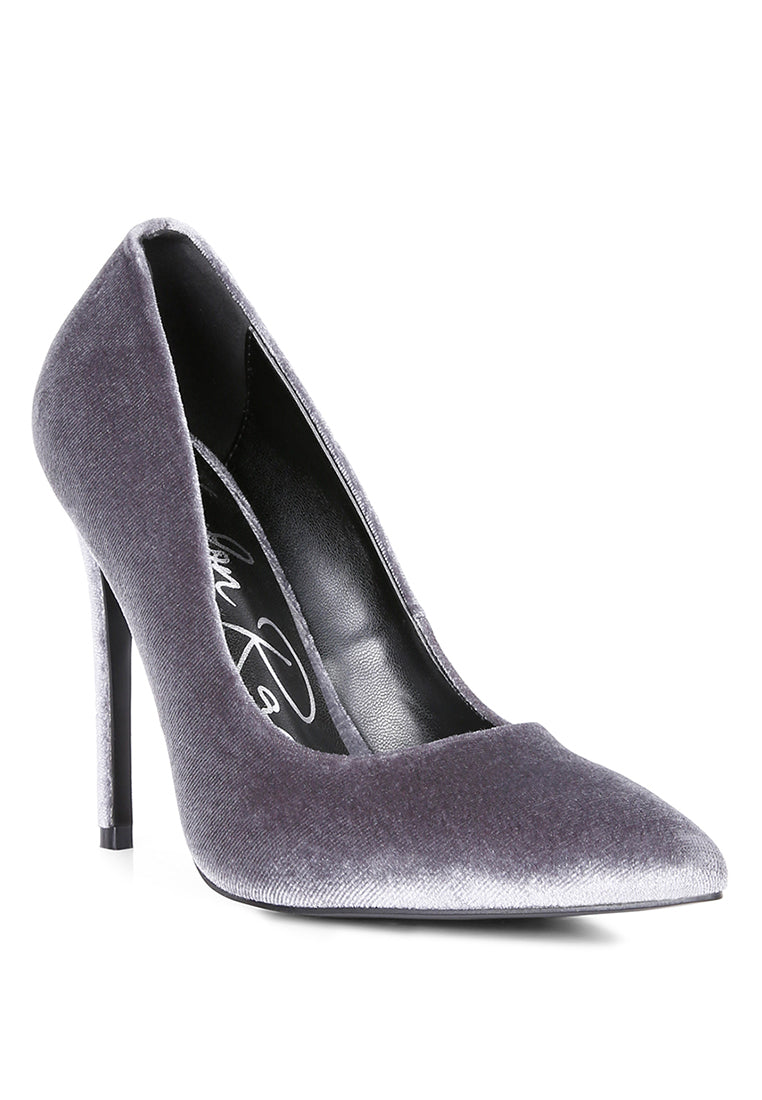 Elegant Janessa Velvet Stiletto Heel Pumps with a luxurious velvet finish and closed pointed toe design.