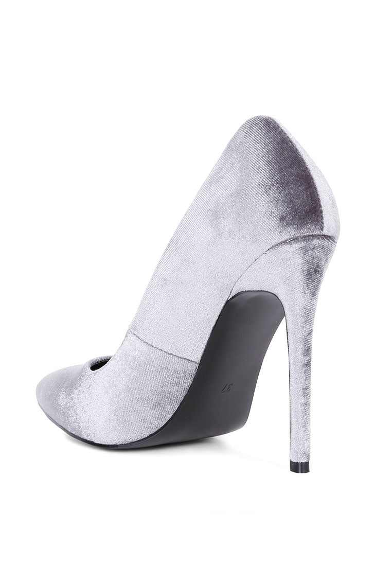 Elegant Janessa Velvet Stiletto Heel Pumps with a luxurious velvet finish and closed pointed toe design.