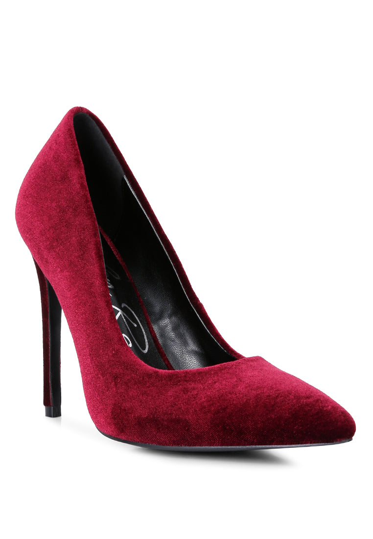 Elegant Janessa Velvet Stiletto Heel Pumps with a luxurious velvet finish and closed pointed toe design.