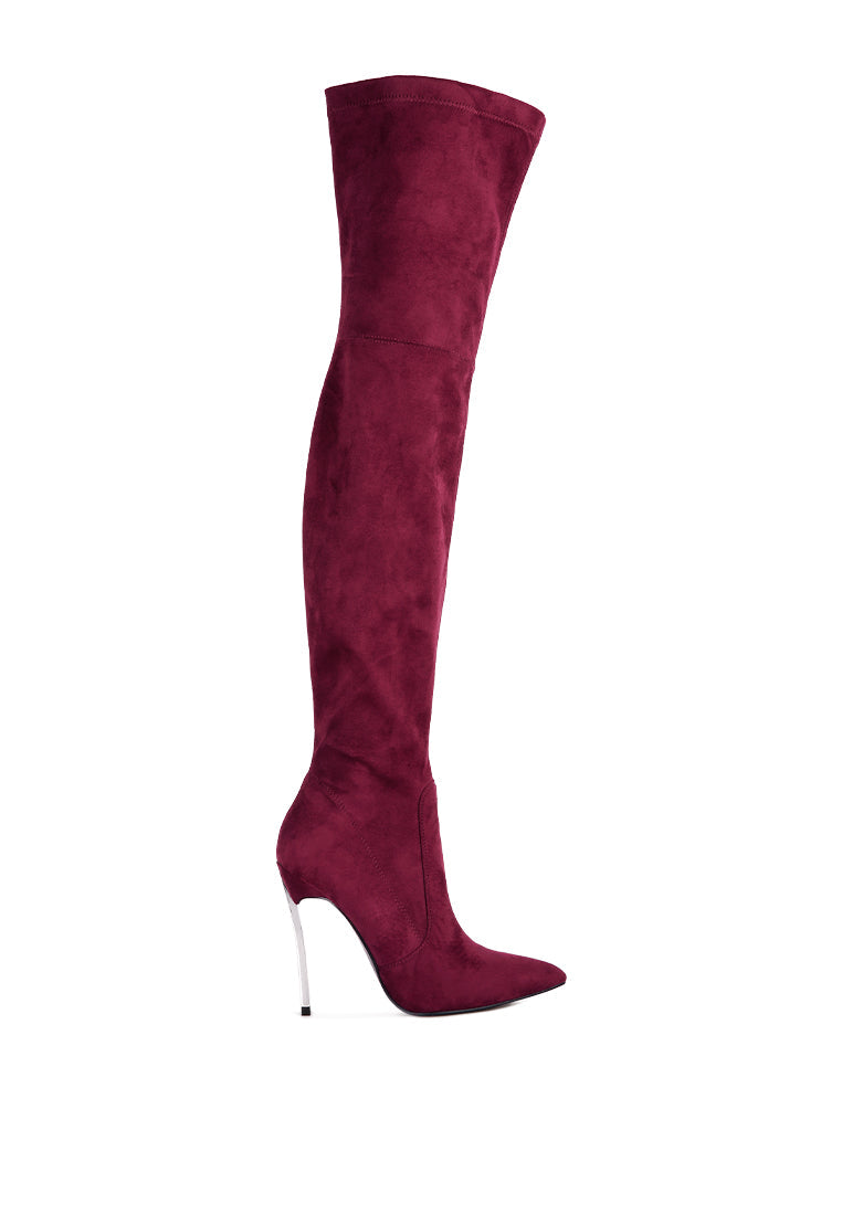 Jaynetts Stretch Suede Micro High Knee Boots featuring a sleek design, metallic pointed heels, and a side zipper for easy wear.