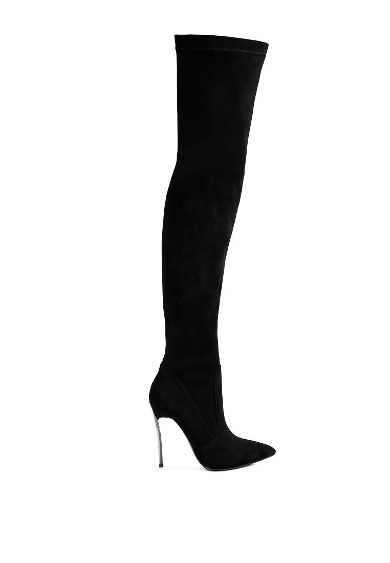 Jaynetts Stretch Suede Micro High Knee Boots featuring a sleek design, metallic pointed heels, and a side zipper for easy wear.