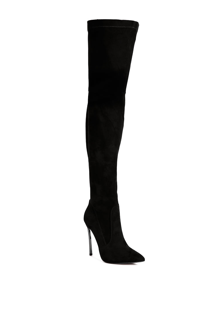 Jaynetts Stretch Suede Micro High Knee Boots featuring a sleek design, metallic pointed heels, and a side zipper for easy wear.