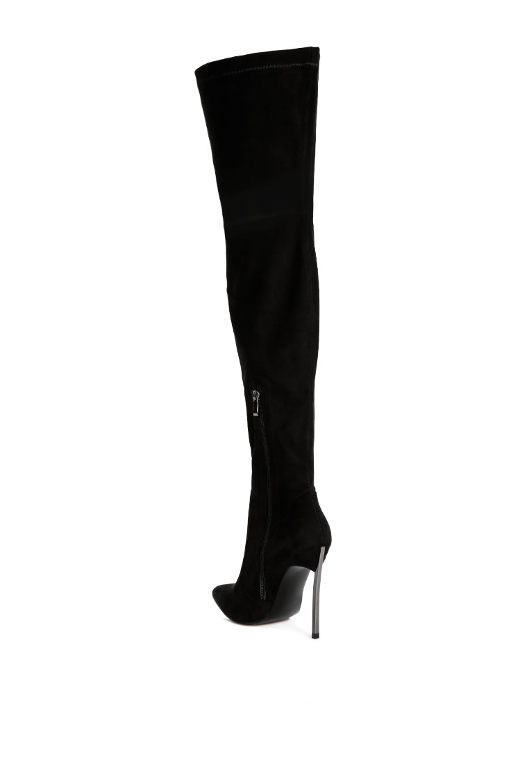 Jaynetts Stretch Suede Micro High Knee Boots featuring a sleek design, metallic pointed heels, and a side zipper for easy wear.