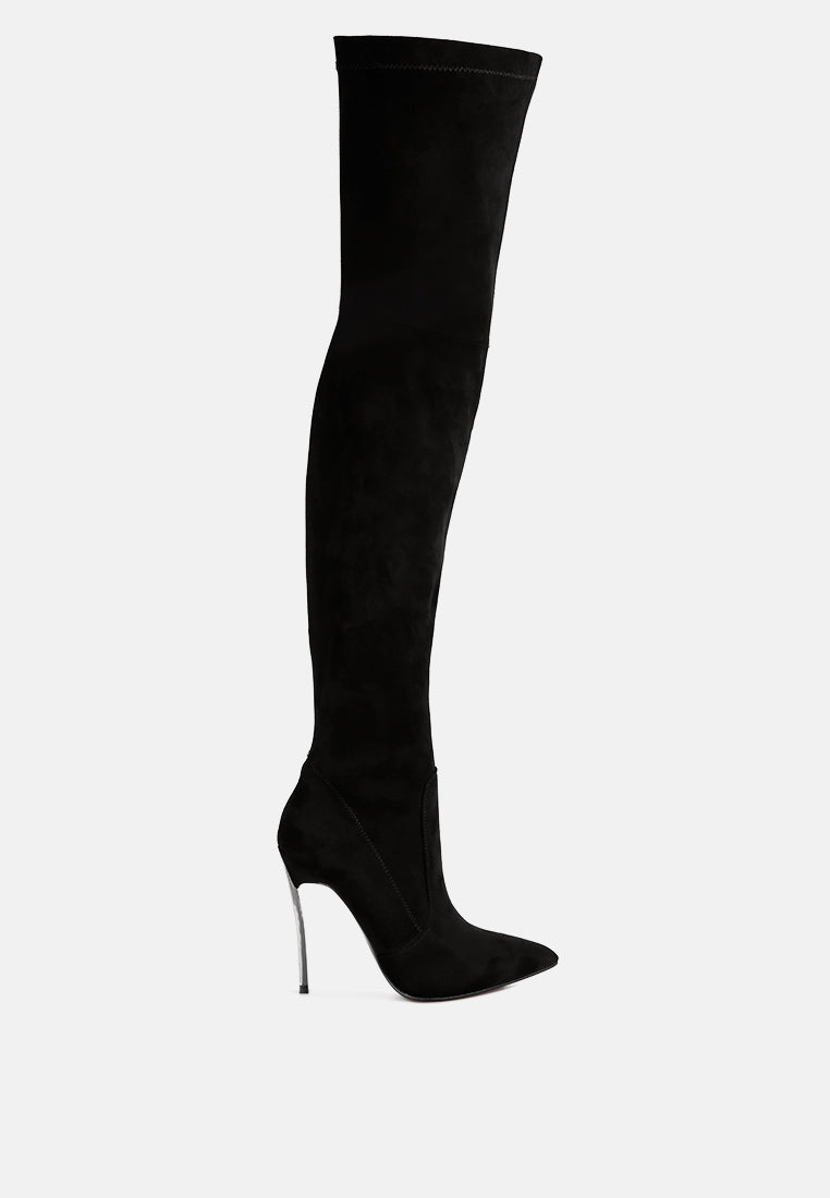 Jaynetts Stretch Suede Micro High Knee Boots featuring a sleek design, metallic pointed heels, and a side zipper for easy wear.