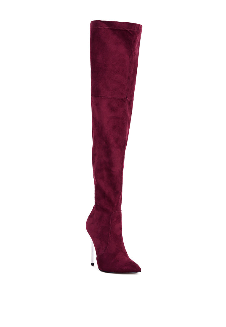 Jaynetts Stretch Suede Micro High Knee Boots featuring a sleek design, metallic pointed heels, and a side zipper for easy wear.