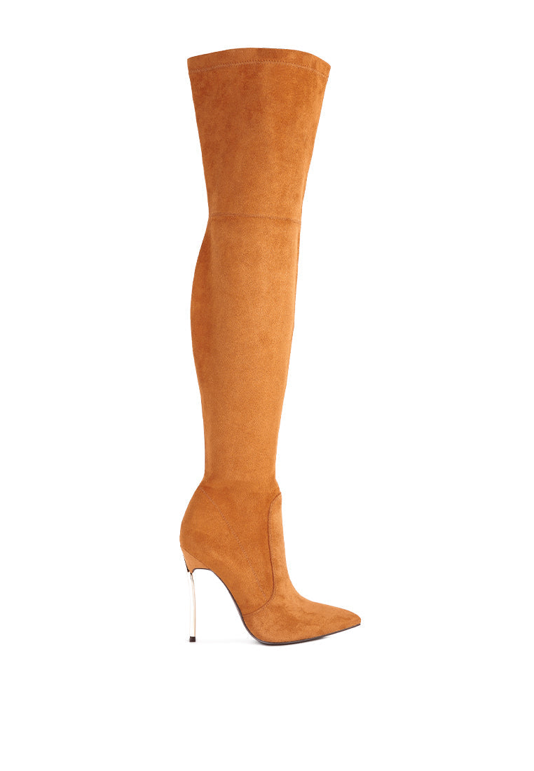 Jaynetts Stretch Suede Micro High Knee Boots featuring a sleek design, metallic pointed heels, and a side zipper for easy wear.