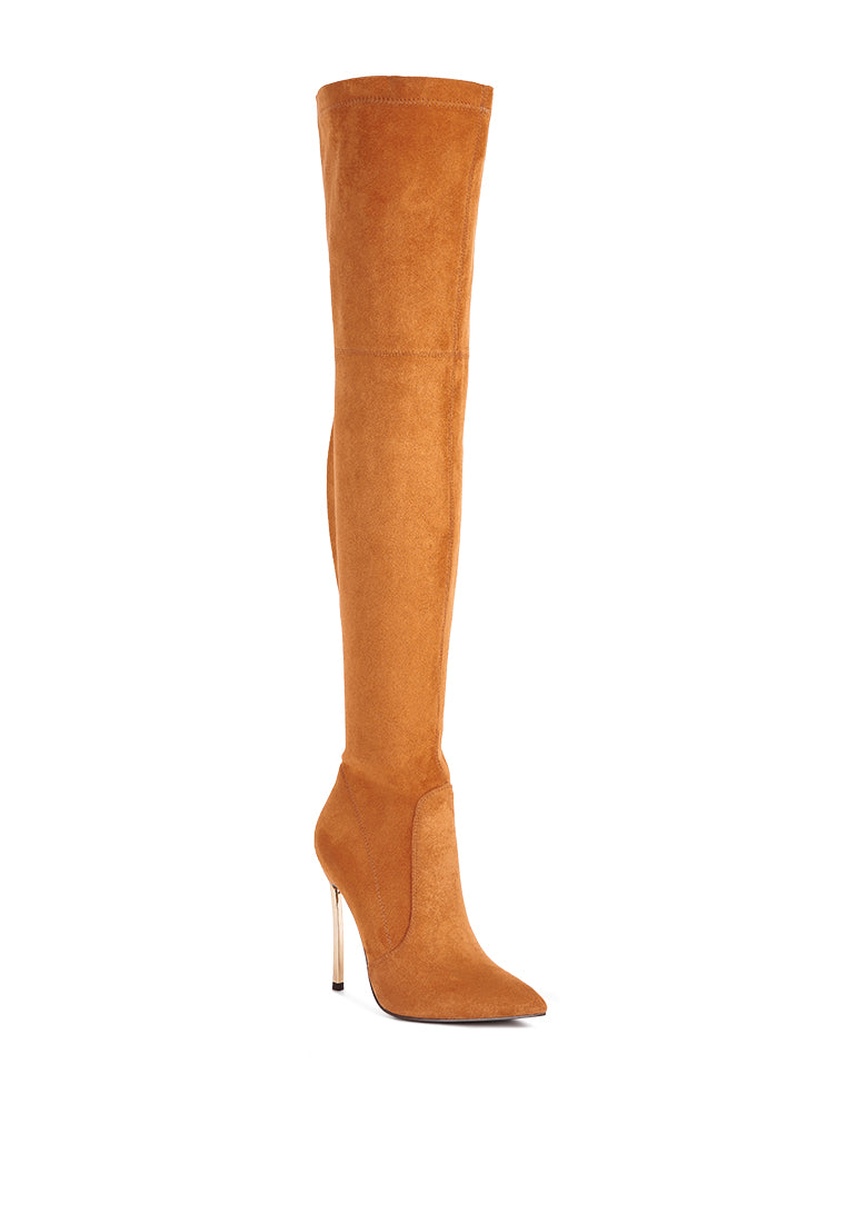 Jaynetts Stretch Suede Micro High Knee Boots featuring a sleek design, metallic pointed heels, and a side zipper for easy wear.