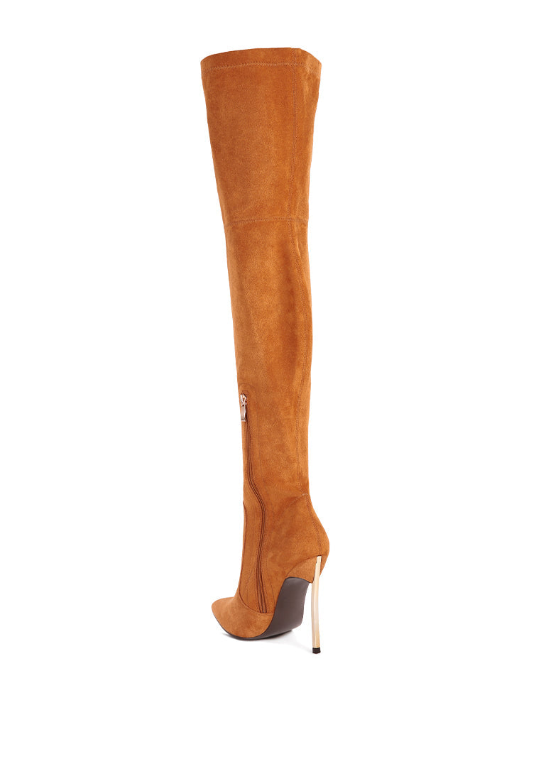 Jaynetts Stretch Suede Micro High Knee Boots featuring a sleek design, metallic pointed heels, and a side zipper for easy wear.