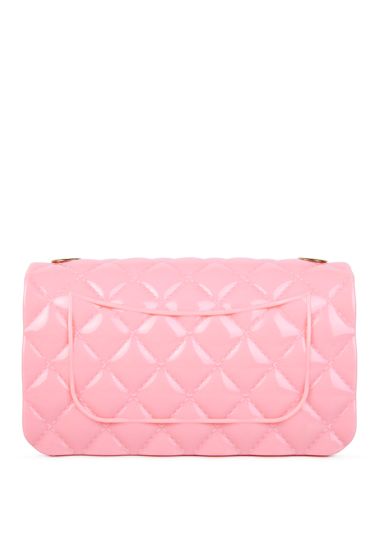 Jelly Quilted Rectangular Sling Bag in soft jelly PU with shiny quilt pattern and metallic buckle details, featuring adjustable detachable straps.