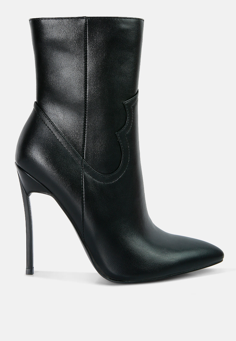 Stylish Jenner High Heel Cowboy Ankle Boots with pointed toe and stiletto heel, featuring a side zipper and faux leather material.