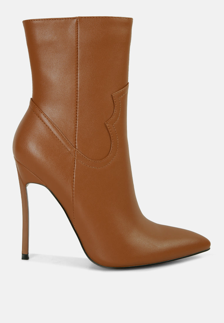 Stylish Jenner High Heel Cowboy Ankle Boots with pointed toe and stiletto heel, featuring a side zipper and faux leather material.