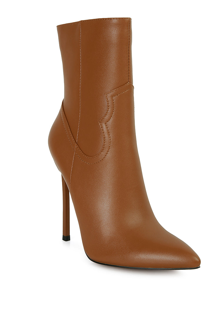 Stylish Jenner High Heel Cowboy Ankle Boots with pointed toe and stiletto heel, featuring a side zipper and faux leather material.