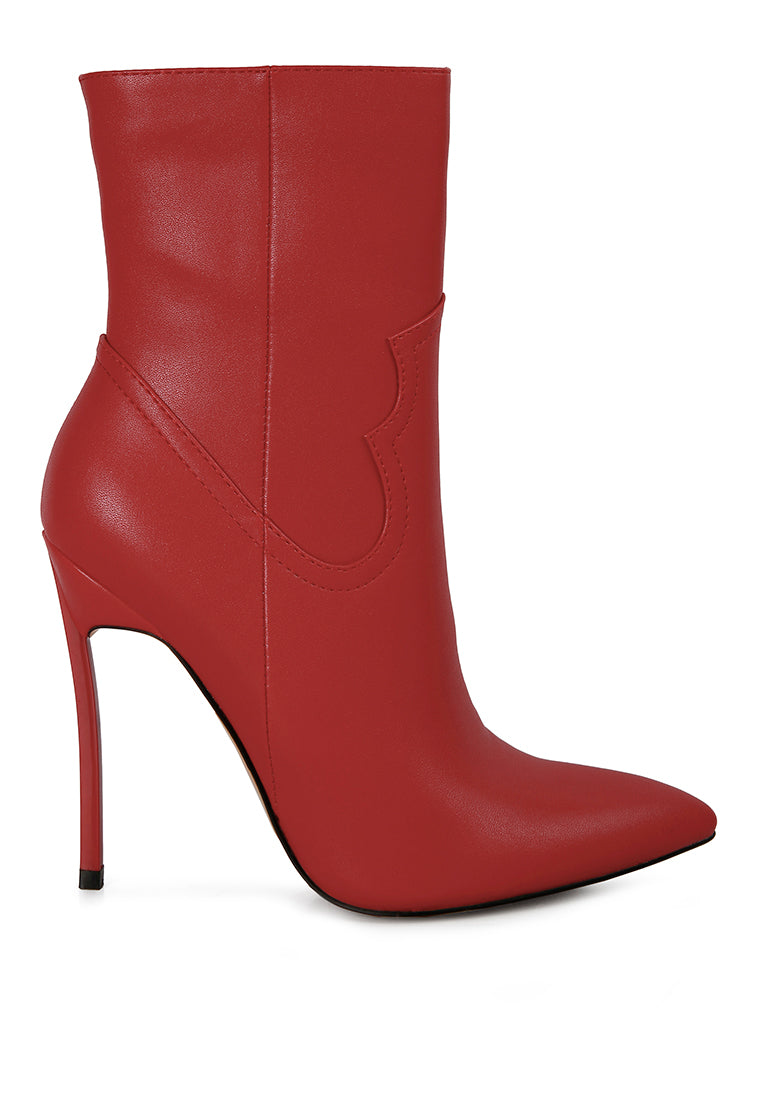 Stylish Jenner High Heel Cowboy Ankle Boots with pointed toe and stiletto heel, featuring a side zipper and faux leather material.