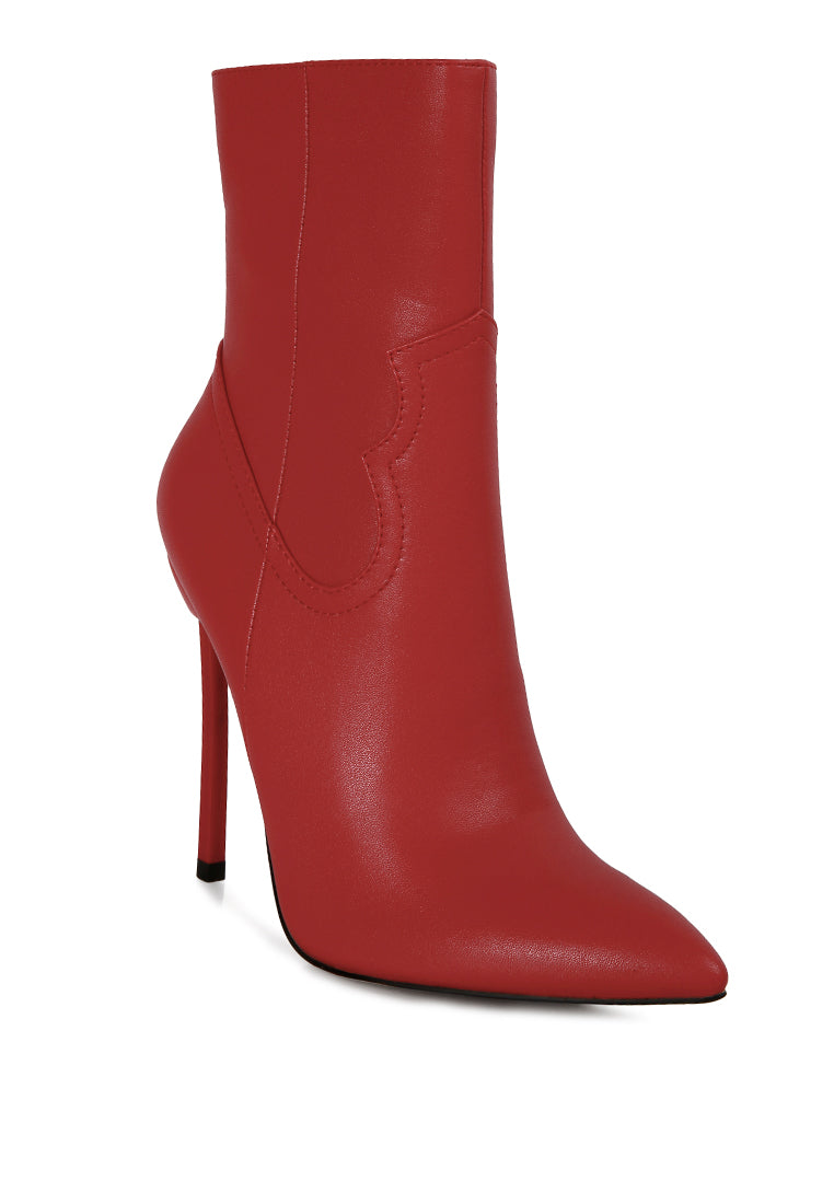 Stylish Jenner High Heel Cowboy Ankle Boots with pointed toe and stiletto heel, featuring a side zipper and faux leather material.