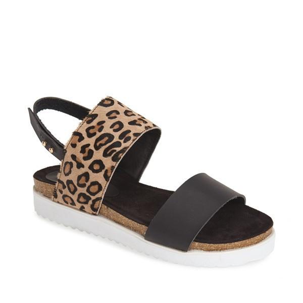 JOLLEEN double strap sandals featuring PU straps with calf hair leather print, a comfort footbed, and a side buckle for secure fit.