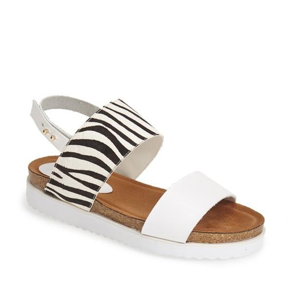 JOLLEEN double strap sandals featuring PU straps with calf hair leather print, a comfort footbed, and a side buckle for secure fit.