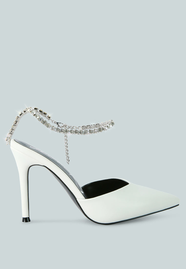 Joyce Diamante Embellished Stiletto Mule Sandals featuring a sparkling ankle band and pointed toe design, perfect for elegant occasions.