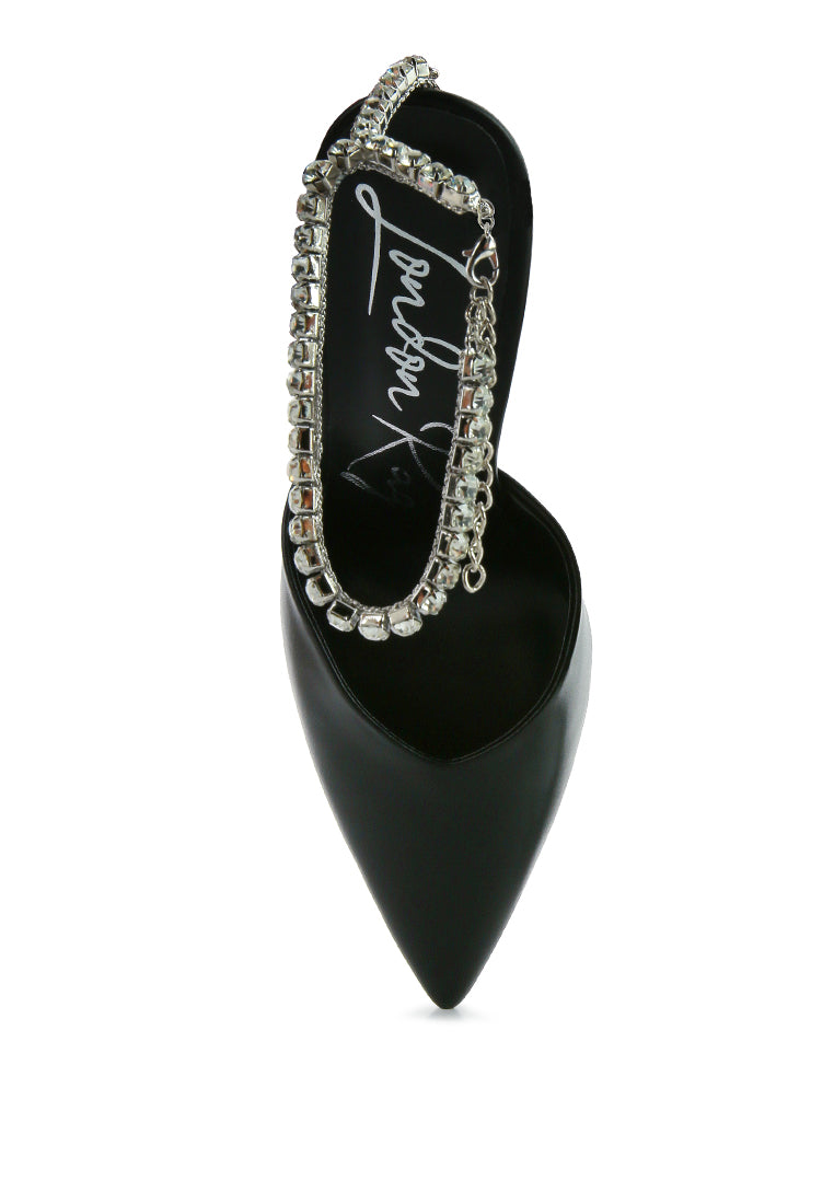 Joyce Diamante Embellished Stiletto Mule Sandals featuring a sparkling ankle band and pointed toe design, perfect for elegant occasions.