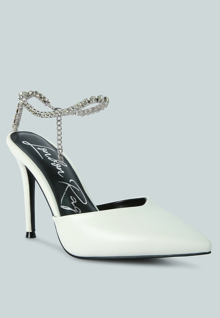 Joyce Diamante Embellished Stiletto Mule Sandals featuring a sparkling ankle band and pointed toe design, perfect for elegant occasions.