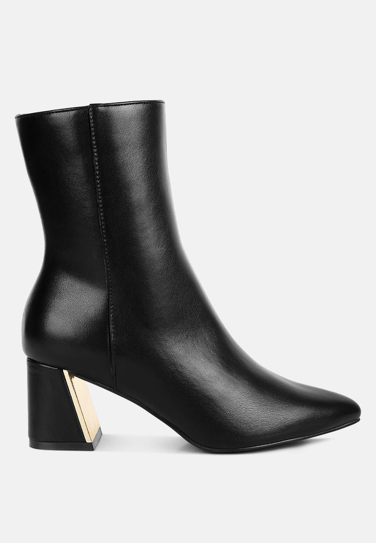 Kaira Metallic Accent Heel High Ankle Boots showcasing chic design with metallic accents and flared block heel, perfect for stylish daily wear.