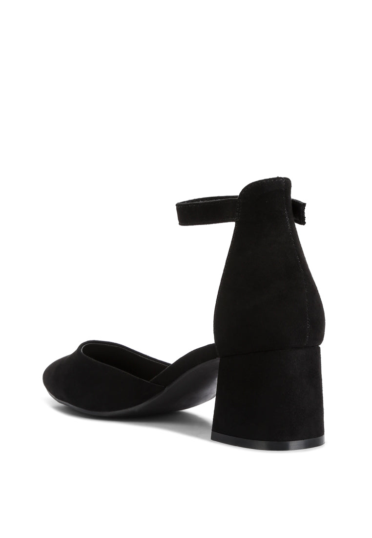 Kody Suede Ankle Strap Block Heel Sandals featuring a closed pointed toe, supportive ankle strap, and stylish block heel design.