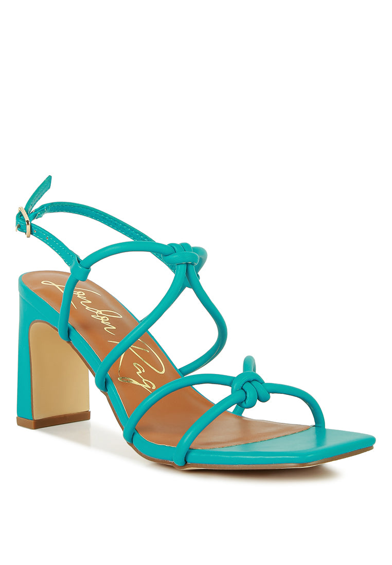 Kralor Knotted Strap Italian Block Heel Sandals featuring bright knot detail and mid-heel design, perfect for summer casual wear.