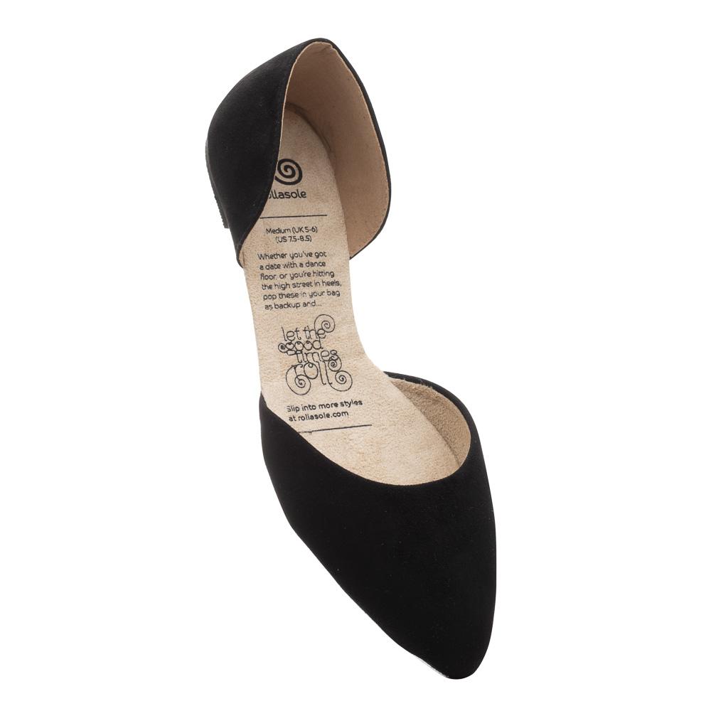 Black, pointed-toe, d'Orsay flat shoe.