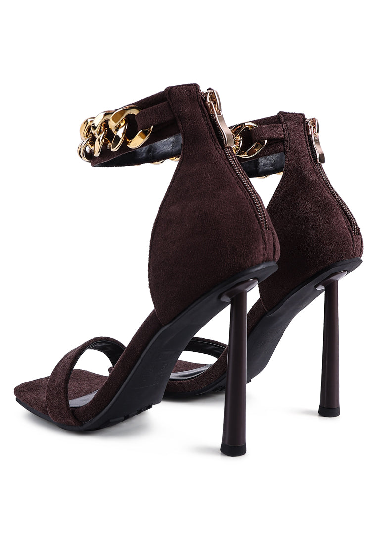 Last Sip Micro Suede High Heel Sandals featuring a thin cylindrical heel, metallic chain detail, and square toe design.