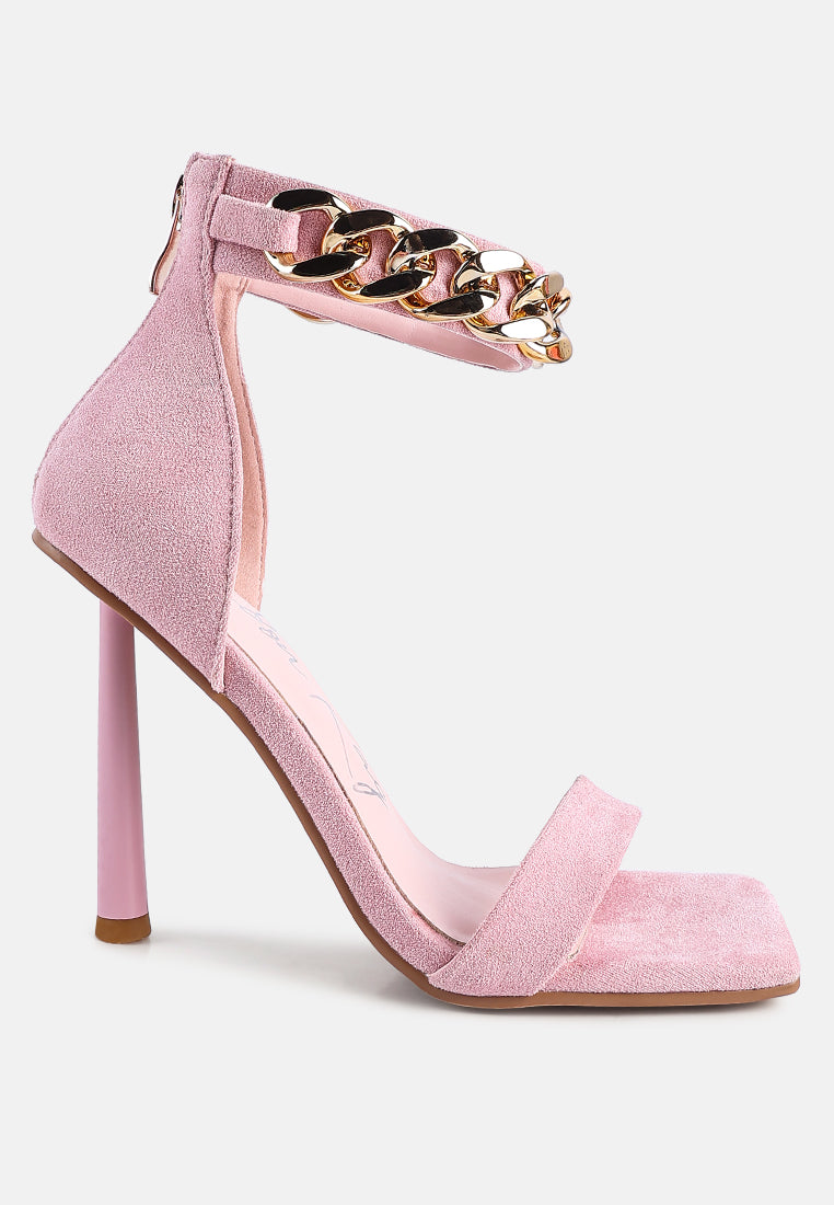 Last Sip Micro Suede High Heel Sandals featuring a thin cylindrical heel, metallic chain detail, and square toe design.