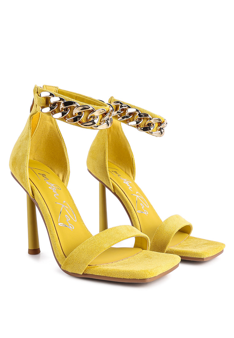 Last Sip Micro Suede High Heel Sandals featuring a thin cylindrical heel, metallic chain detail, and square toe design.