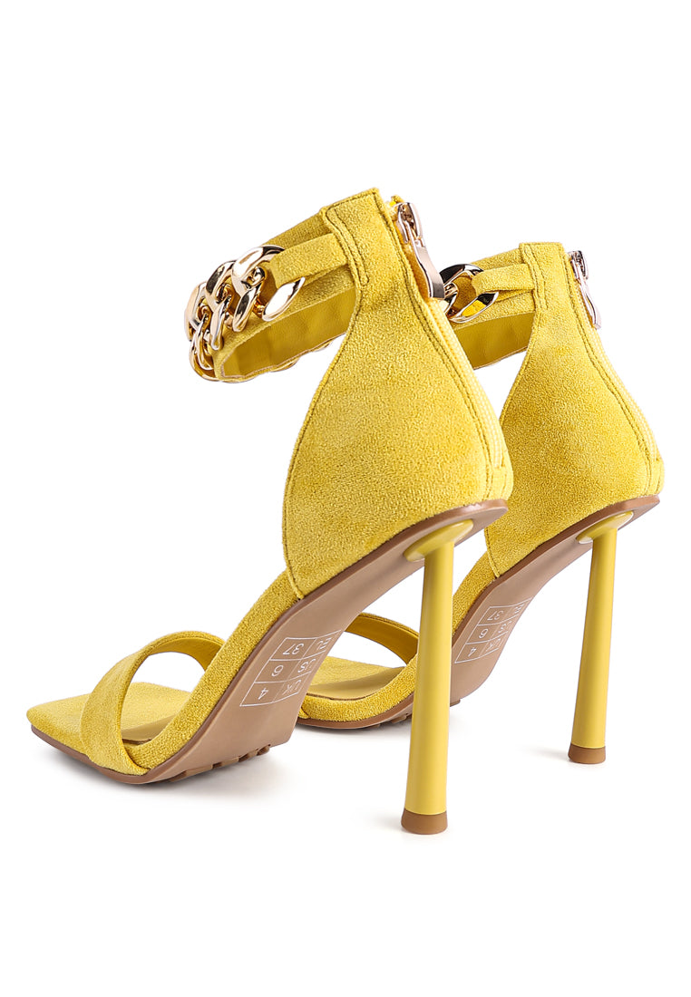 Last Sip Micro Suede High Heel Sandals featuring a thin cylindrical heel, metallic chain detail, and square toe design.