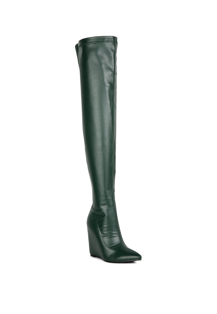 Leggy Lass Wedge Heel Long Boots featuring a sleek design in stretch PU with a wedge heel, perfect for autumn and winter fashion.