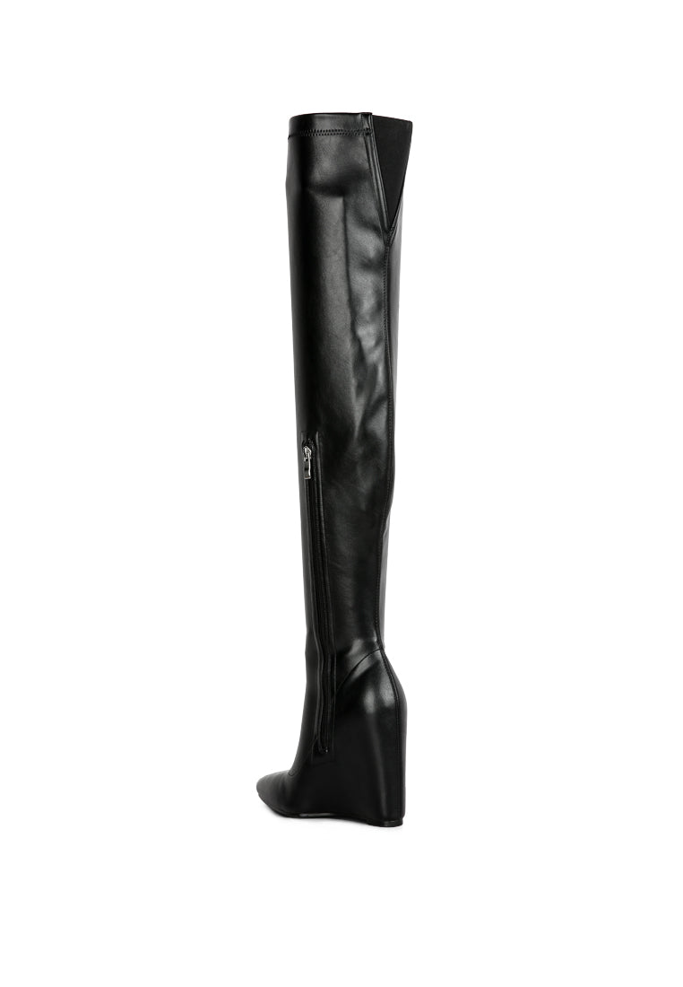 Leggy Lass Wedge Heel Long Boots featuring a sleek design in stretch PU with a wedge heel, perfect for autumn and winter fashion.