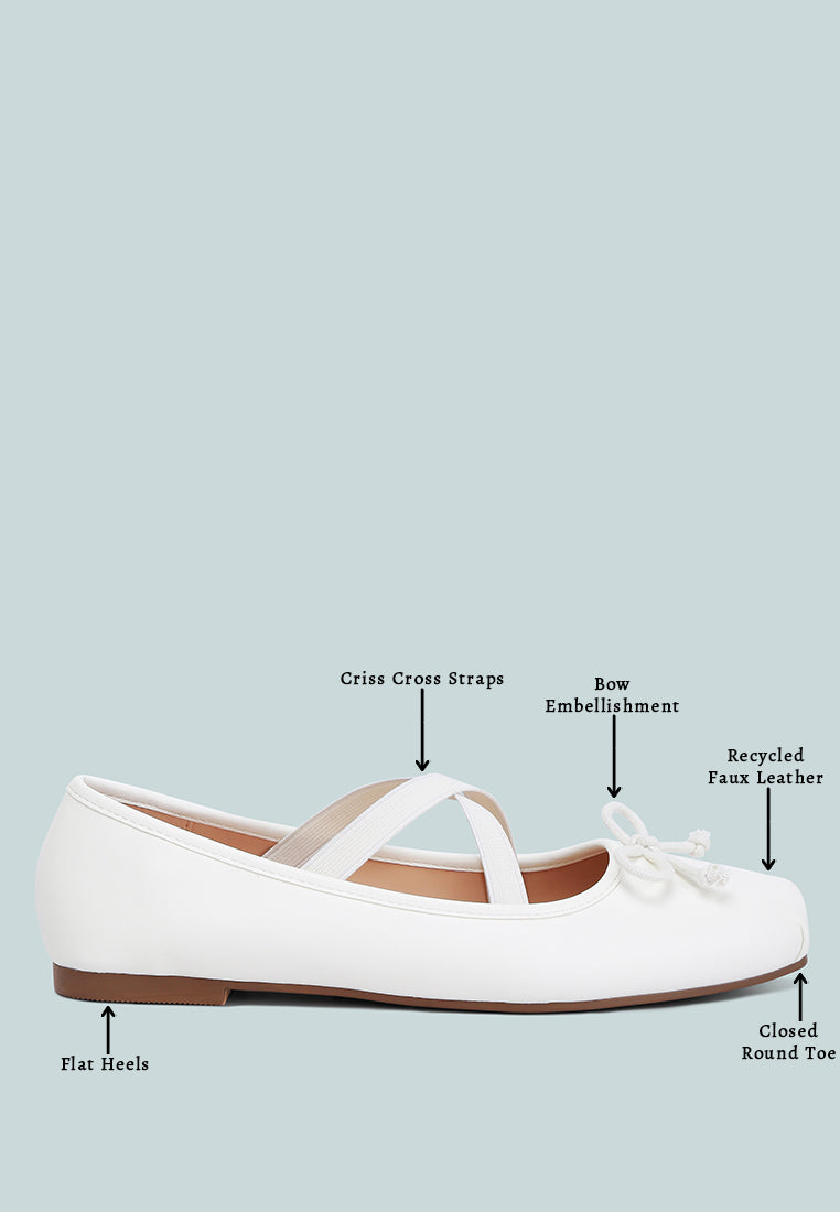 Leina Recycled Faux Leather Ballet Flats featuring criss-cross straps and bow embellishment, perfect for stylish comfort.