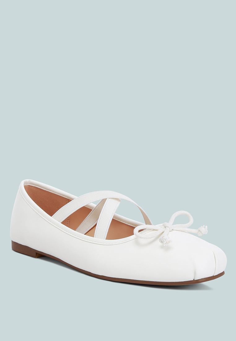 Leina Recycled Faux Leather Ballet Flats featuring criss-cross straps and bow embellishment, perfect for stylish comfort.