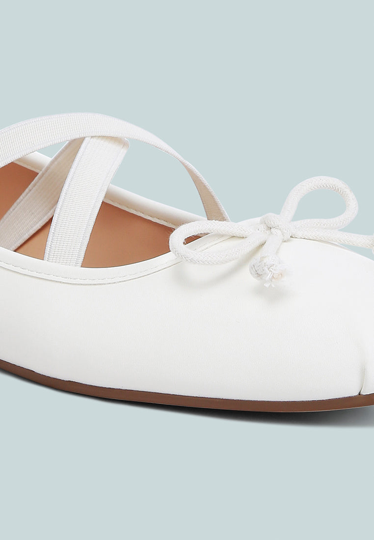 Leina Recycled Faux Leather Ballet Flats featuring criss-cross straps and bow embellishment, perfect for stylish comfort.