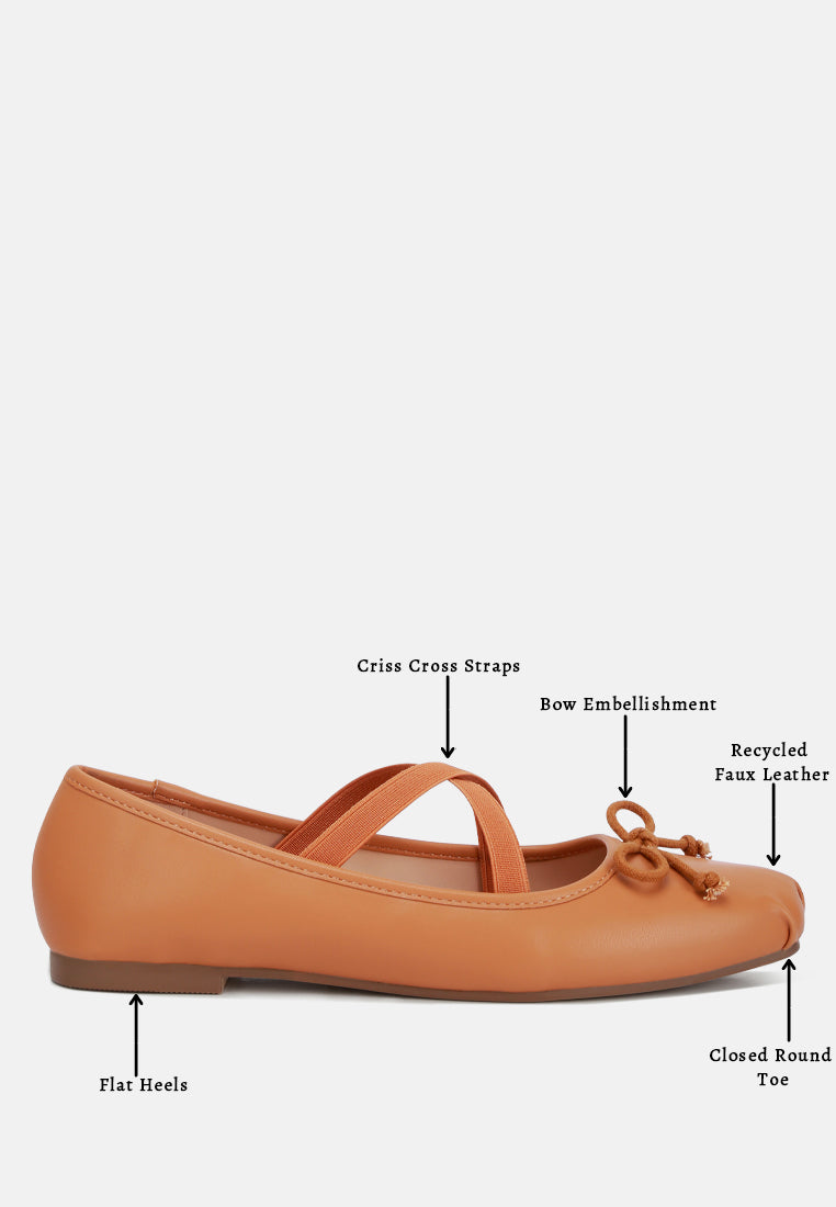 Leina Recycled Faux Leather Ballet Flats featuring criss-cross straps and bow embellishment, perfect for stylish comfort.