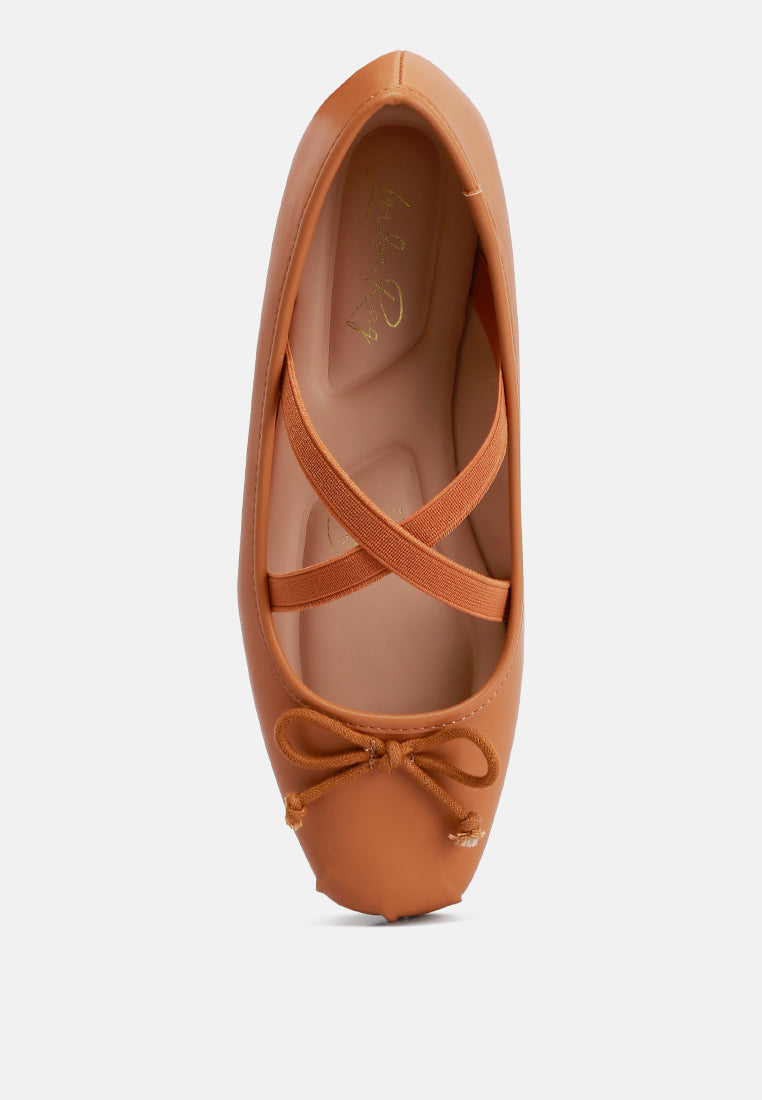 Leina Recycled Faux Leather Ballet Flats featuring criss-cross straps and bow embellishment, perfect for stylish comfort.