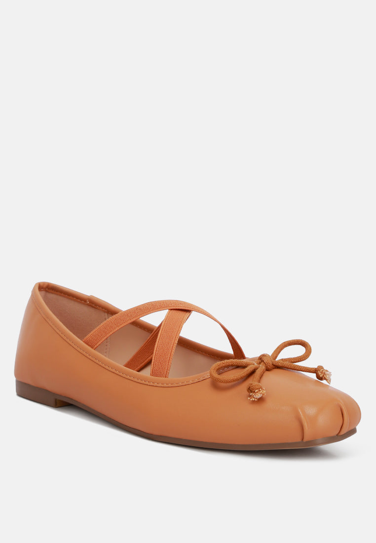 Leina Recycled Faux Leather Ballet Flats featuring criss-cross straps and bow embellishment, perfect for stylish comfort.