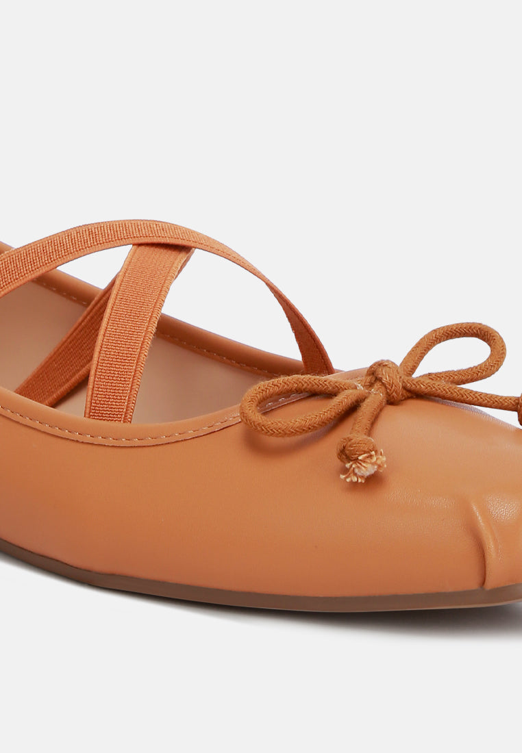 Leina Recycled Faux Leather Ballet Flats featuring criss-cross straps and bow embellishment, perfect for stylish comfort.