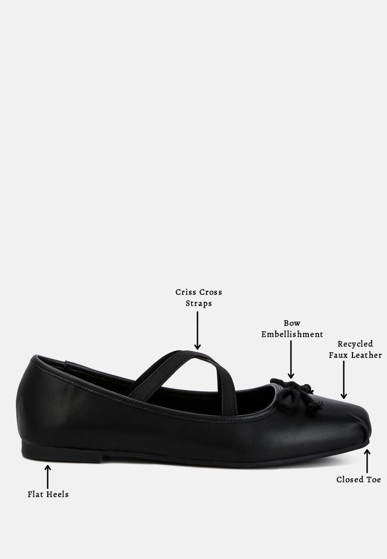 Leina Recycled Faux Leather Ballet Flats featuring criss-cross straps and bow embellishment, perfect for stylish comfort.