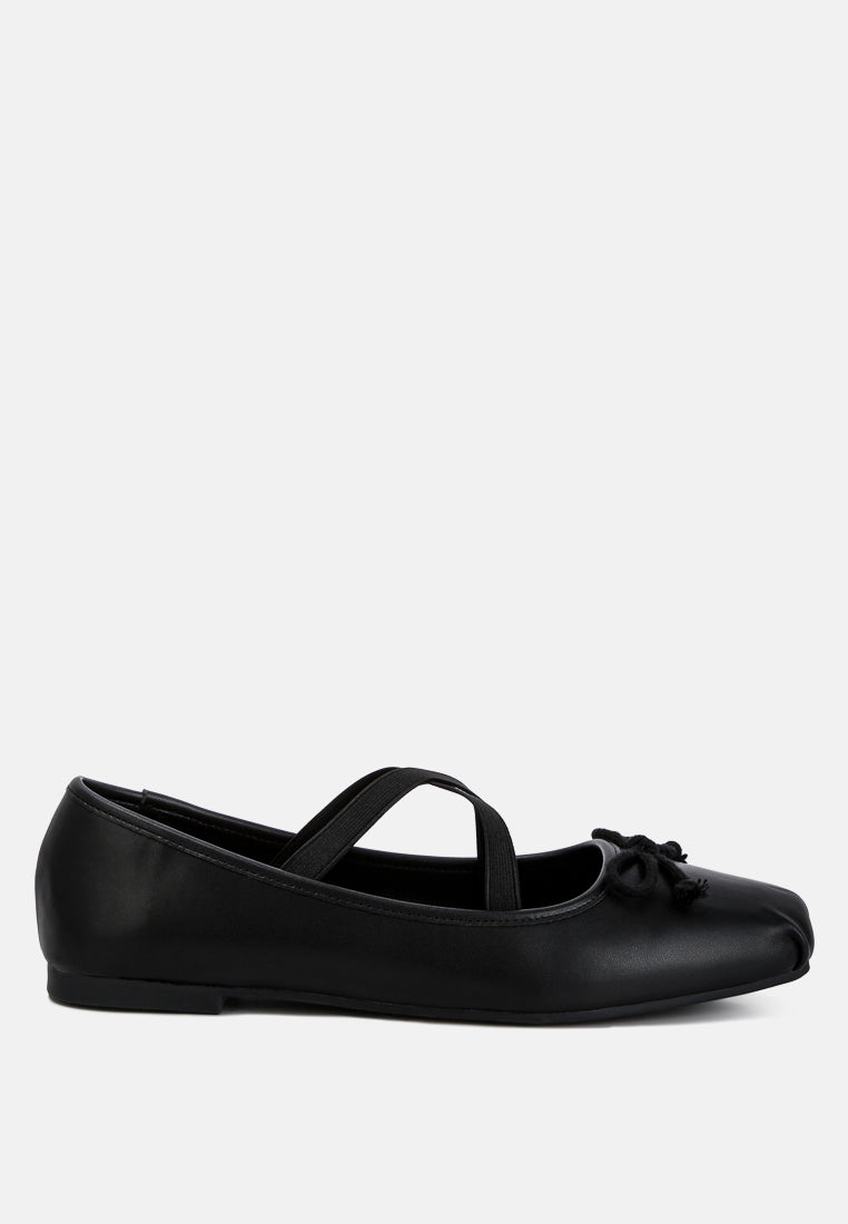 Leina Recycled Faux Leather Ballet Flats featuring criss-cross straps and bow embellishment, perfect for stylish comfort.