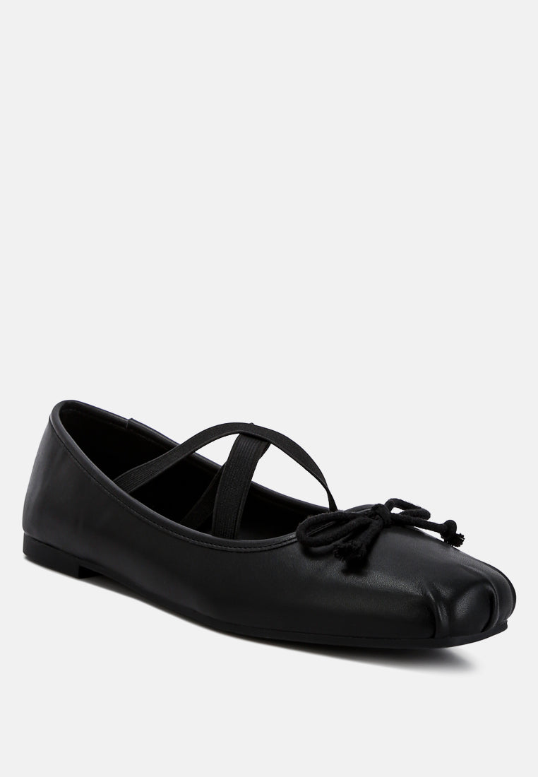 Leina Recycled Faux Leather Ballet Flats featuring criss-cross straps and bow embellishment, perfect for stylish comfort.