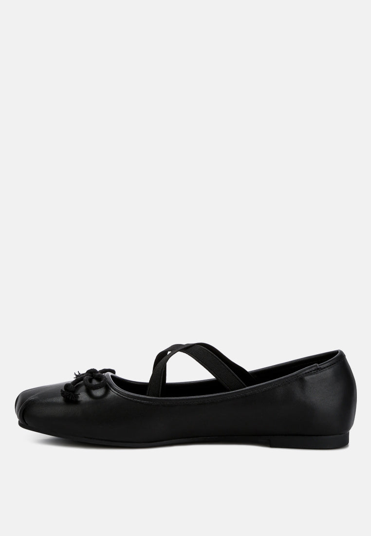 Leina Recycled Faux Leather Ballet Flats featuring criss-cross straps and bow embellishment, perfect for stylish comfort.