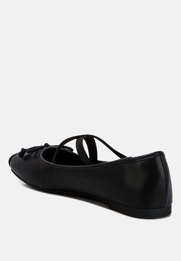 Leina Recycled Faux Leather Ballet Flats featuring criss-cross straps and bow embellishment, perfect for stylish comfort.